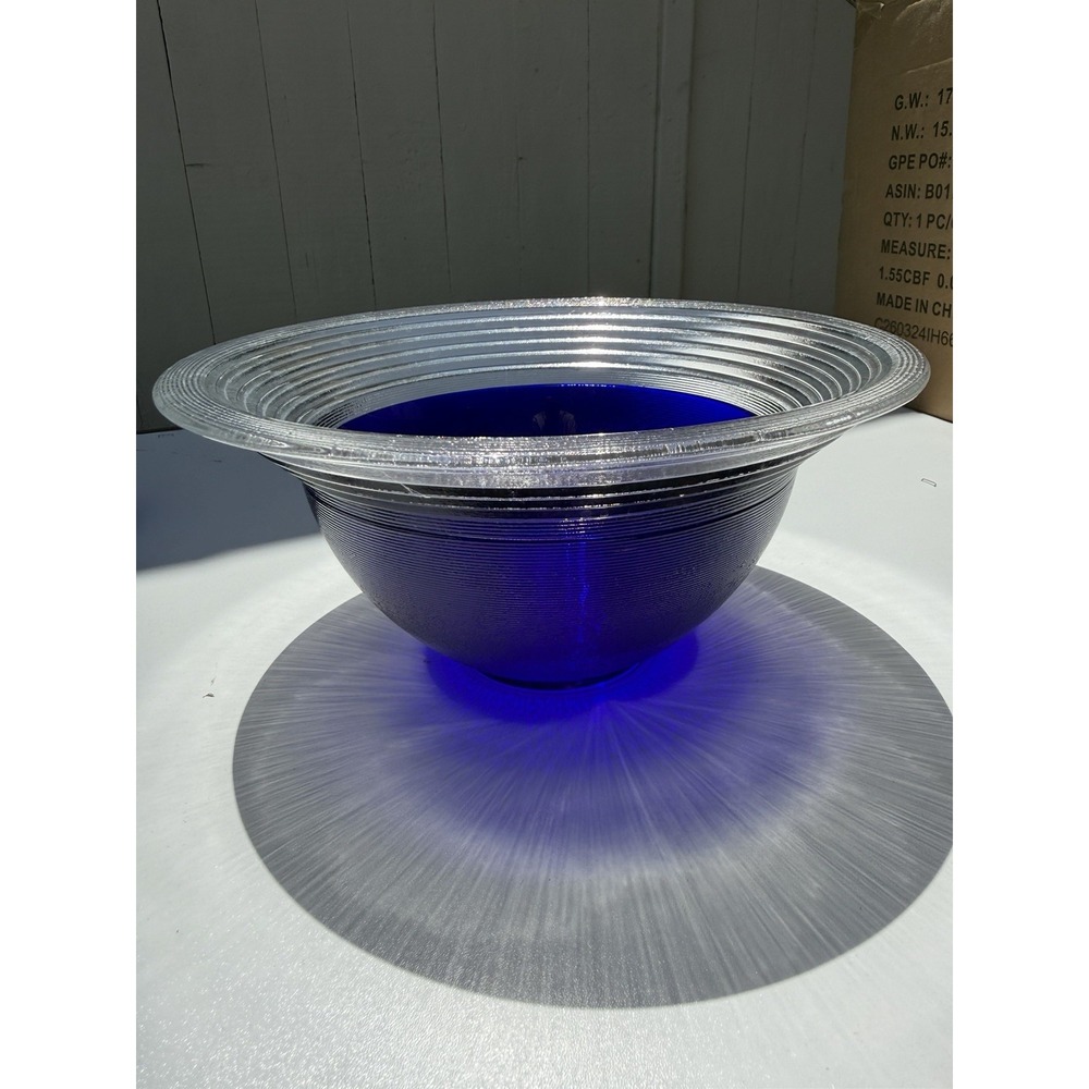 Cobalt Blue & Clear Glass Round Bowl - Clear Ribbed Rim Decorative Bowl - Picture 2 of 4